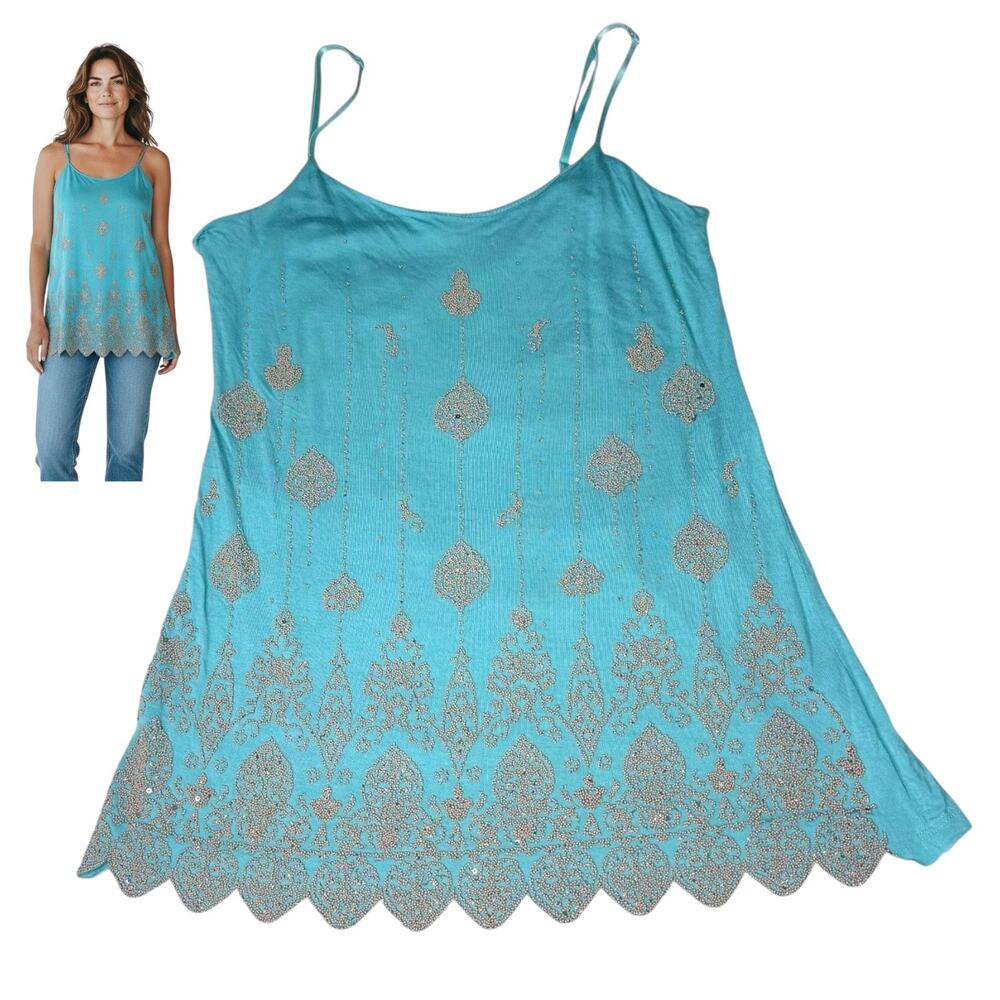 Gadzooks Tank Top Beaded Turquoise Blue Womens XS 0-2 Shirt Adjustable Strap Vtg